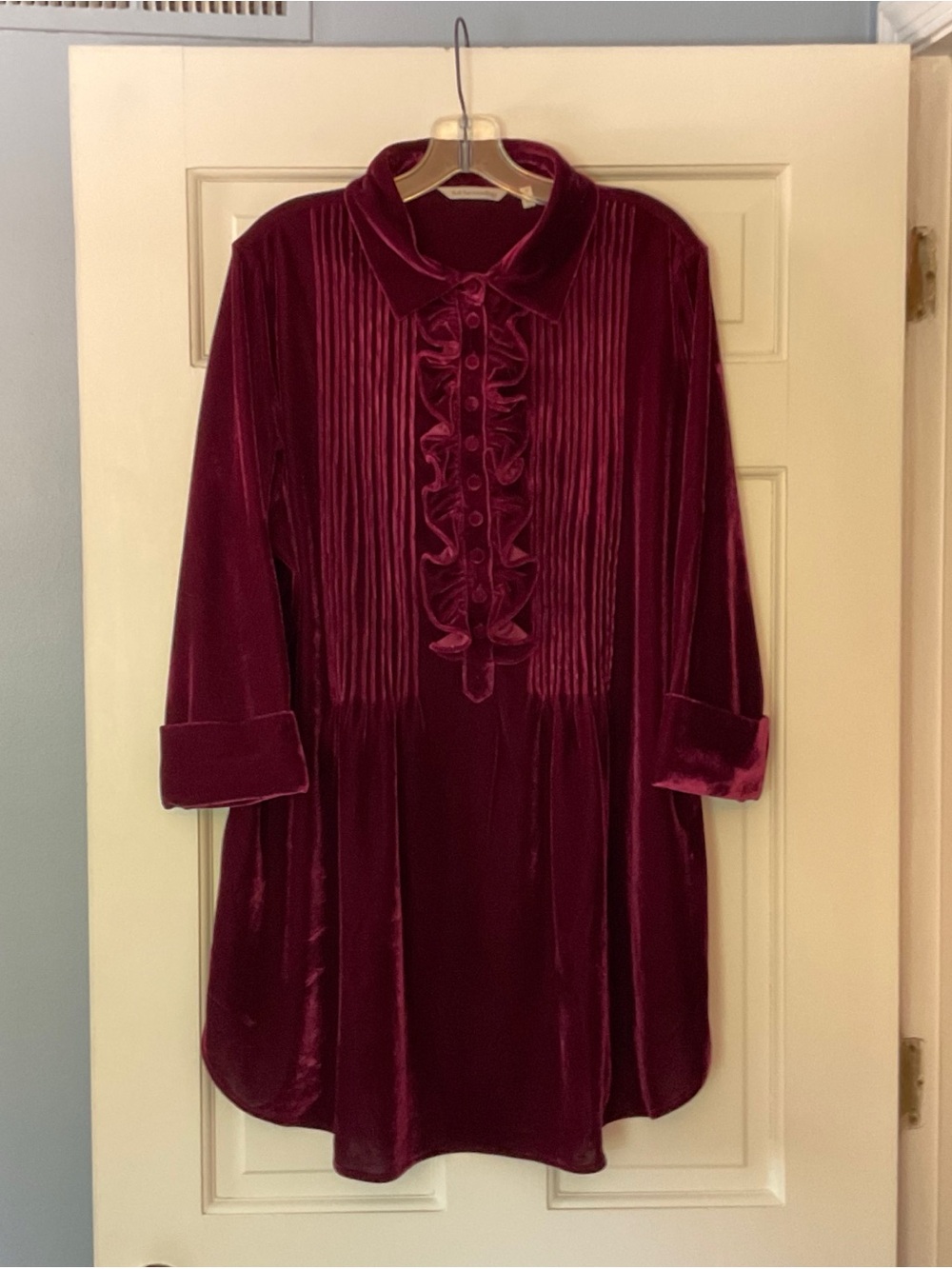 Soft Surroundings Verona Tunic Top Velvet Burgundy Red Plus 1X Pintuck Ruffle - Picture 2 of 8